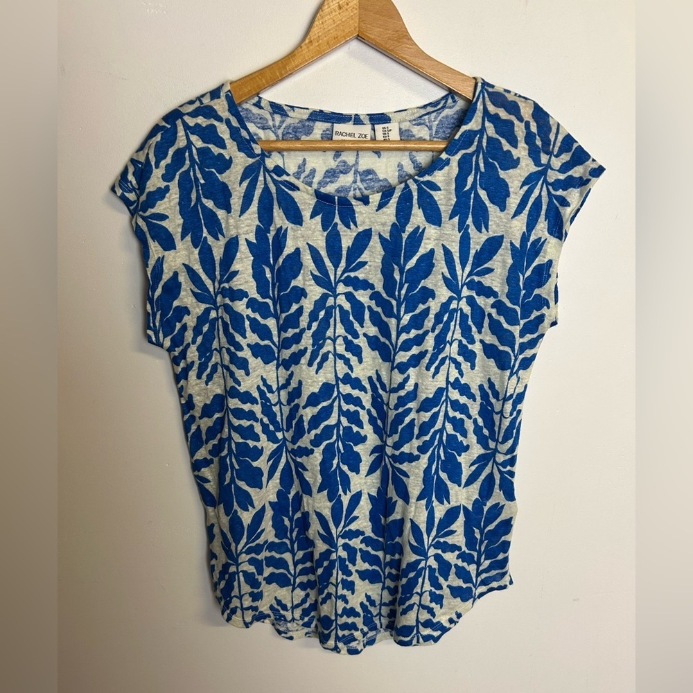 Rachel Zoe Blue Leaf Novelty Print Women Top Blouse 100% Linen Size S Summer